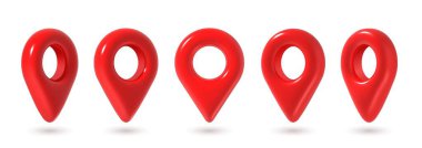 Üç boyutlu iğneler. Kırmızı harita konumu çeşitli konumlarda, GPS noktası. Haritalar için işaretleyici, uygulama için navigasyon işaretleyici. Hedef parlak gerçekçi simgeler izole edilmiş vektör kümesi.