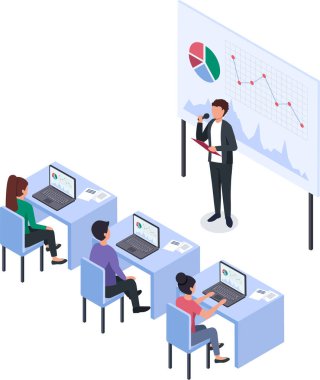 Ofis çalışanlarına sunum yapmak için mikrofon kullanan bir işadamı dizüstü bilgisayarlardaki çizelgeleri analiz ediyor ve konferansı, izometrik iş illüstrasyonunu izliyor.