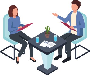 İki iş ortağı ofis masasında iş görüşmeleri sırasında ellerinde belgeler ve sandalyeler, izometrik vektör illüstrasyonları hakkında tartışıyorlar.