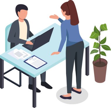 Muhabbet eden ofis çalışanları, dizüstü bilgisayarda çalışan işadamı, bir şeyi açıklayan iş kadını, masada sözleşme ve belgeler, saksıda bitki, izometrik iş konsepti