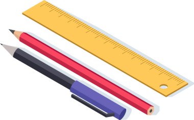 Tahta cetvel ve iki kalem, bir grafit kalem ve bir kalem, beyaz bir yüzeyde yatar, teknik çizim, mühendislik, mimari veya geometri için temel bir kırtasiye seti oluşturur.