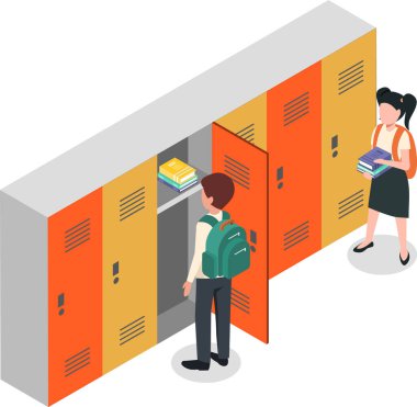 İki öğrenci okul dolaplarını kullanıyor, biri kitapları içine koyuyor, diğeri ise elinde kitap tutuyor, ikisi de izometrik bir resimde sırt çantası takıyor.