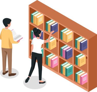 Kütüphane kitaplığından kitap seçen kütüphaneci, öğrenci kütüphanede ders kitabı okurken, öğrenme ve eğitim konseptinin izometrik vektör çizimi