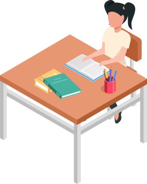 Çalışkan öğrenci bir masada oturmuş, yanında başka kitaplar ve renkli kalemler olan bir kitap okuyor. Okul için öğrenmeye ve çalışmaya odaklanmış.