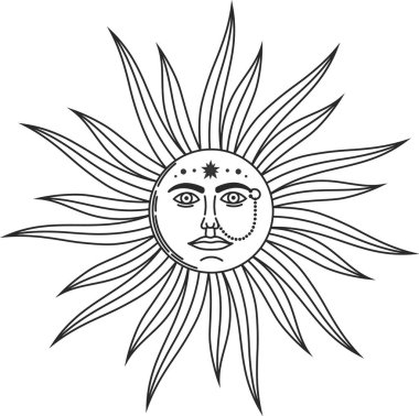Yüzü, mücevheri ve yıldızları olan biçimlendirilmiş bir güneşin tasviri, uzun, dalgalı ışınlarla parlayan, mistik ve göksel bir atmosfer yaratıyor.