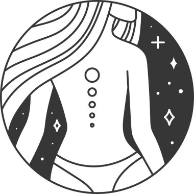 Uzun saçlı ve evren dövmeli, minimalist siyah beyaz çizgi sanatı, bir daire şeklinde çerçevelenmiş, ruhaniliği, astrolojiyi ve modern tasarımı temsil ediyor.