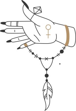 Siyah tırnaklı, yüzüklü ve bilezikli bir kadın, Venüs sembolü ile süslenmiş ve tüylü bir kolye taşıyor, ezoterizmi, maneviyatı ve okült uygulamaları temsil ediyor.