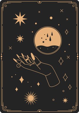 Yüzüklerle süslenmiş zarif bir el ve sihirli bir iksir için uzanan uzun tırnaklar, yıldızlarla çevrili ve geometrik şekiller mistik, boho tarzı