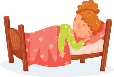 Kızıl saçlı kız, battaniyeyle kaplı, tahta yatağında huzur içinde uyuyor, rahat bir yatak odasında uyuyor, çocuklar için sağlıklı uyku alışkanlıklarını geliştiriyor.
