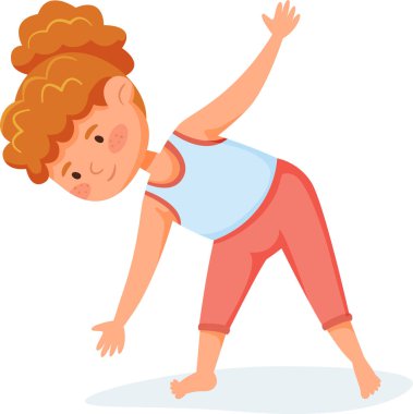 Kızıl saçlı kız yoga üçgeni pozu veriyor, fiziksel aktiviteyi, esnekliği ve çocuklarda farkındalığı teşvik ediyor, genel sağlık ve refahlarına katkıda bulunuyor.