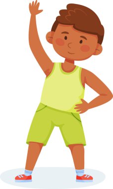Spor kıyafetleri giyen çizgi film çocuğu vücudunu esnetiyor ve el sallıyor, çocuklar için fiziksel aktiviteleri ve sağlıklı alışkanlıkları teşvik ediyor, eğitici ve formda olmak için renkli çizimler yapıyor.