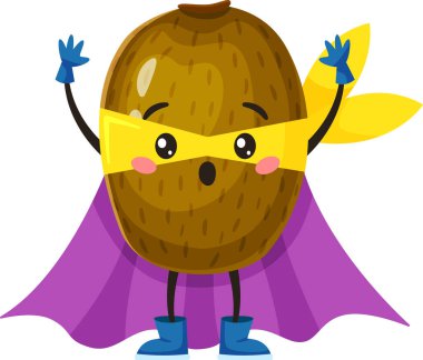 Süper kahraman kivi meyvesinin karikatür çizimi, gururla pelerin, maske ve eldiven takıyor, neşeli bir güç ve pozitiflik gösterisiyle ellerini kaldırıyor.