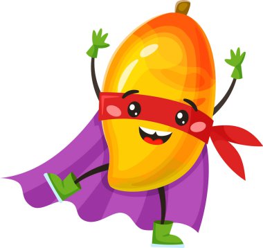 Kırmızı maskeli, mor pelerinli, gülümseyen, komik sağlıklı yemek kişiliği olan mutlu süper kahraman mango meyve karakteri, beyaz arka planda izole edilmiş çocuk menü elemanı illüstrasyonu.