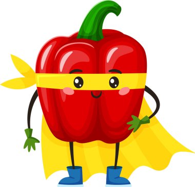 Sarı pelerin ve maske takan süper kahraman kırmızı biberin karikatür çizimi. Gülümseyerek gururla duruyorum. Sağlıklı beslenme alışkanlıklarını teşvik etmek ve çocuk beslenmesine biraz kapris katmak.