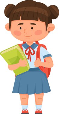 Üniforma giyen, kitap ve sırt çantası tutan, gülümseyen ve okula gitmeye hazır, okula geri dönen, eğitim, öğrenme, çocukluk, öğrenci,