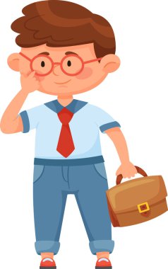 Yuvarlak gözlüklü ve kırmızı kravatlı yakışıklı bir çocuk, kahverengi bir evrak çantası tutarken gözlüğünü ayarlıyor, akıllı ve işe hazır bir görünüm sergiliyor, eğitim ve kariyer temalı projeler için mükemmel.