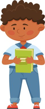 Genç öğrenci, bir sonraki dersi için elinde bir kitap tutarak mutlu bir şekilde bu büyüleyici illüstrasyonla eğitim ve çocuk içeriği için mükemmel bir resim çiziyor.