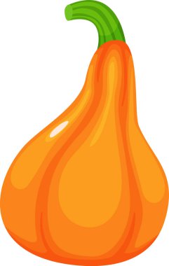 Olgun, turuncu bir balkabağının karikatür çizimi yeşil kıvrımlı, beyaz arka planda izole edilmiş, sonbahar hasadını, sağlıklı beslenmeyi ve Şükran Günü kutlamalarını temsil ediyor.