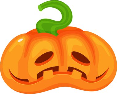 Hüzünlü bir ifade ve canlı yeşil bir gövdeye sahip, Cadılar Bayramı ve sonbahar kutlamalarının ruhunu somutlaştıran turuncu balkabağı oyması.