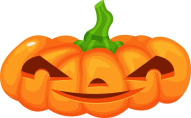 Cadılar Bayramı balkabağı oyulmuş korkutucu yüzüyle tehditkar bir şekilde gülümsüyor, yeşil saplı ve turuncu kabuklu, ürkütücü ve neşeli bir atmosfer yaratıyor.