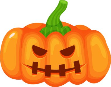 Cadılar Bayramı balkabağı, keskin dişleri olan korkutucu bir yüz ve canlı yeşil bir gövde, beyaz bir arkaplanda izole edilmiş, ürkütücü ve şenlikli tasarımlar yapmak için mükemmel.