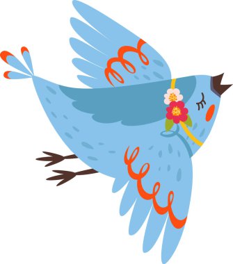 Sevimli mavi kuş şakıyarak uçuyor, altın kurdeleyle süslenmiş ve canlı çiçeklerle çevrili, temiz beyaz arka planda neşeli bir illüstrasyon yaratıyor.