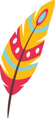 Kırmızı, sarı ve açık mavi çizgileri ve noktaları gösteren renkli tüy, beyaz arka planda izole edilmiş, hafifliği, özgürlüğü ve yazmayı temsil ediyor.
