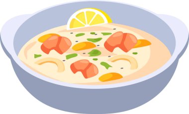 Taze sebzeler, aromatik otlar ve lezzetli limon dilimli kremalı karides çorbası bir kâsede servis edilir. Rahatlatıcı ve lezzetli bir yemek hazırlar.