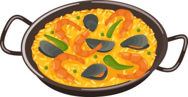 Geleneksel bir paella tavasında kaynayan canlı yemek, karides ve midye de dahil olmak üzere taze deniz ürünleri, pirinç ve renkli sebzelerle birlikte, İspanyol mutfak kültürünü somutlaştırıyor.