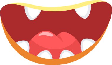 Çizgi film ağzı geniş bir şekilde açılıyor, canlı bir dil ve parlak dişler sergiliyor, neşe ve neşe saçıyor, çeşitli tasarım projeleri ve neşeli temalar için mükemmel.