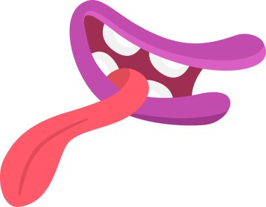 Mor dudaklı çizgi film ağzı, uzun pembe bir dili, komik ve neşeli bir ifadeyle uzatıyor, mizahi ve neşeli bir görsel yaratıyor.