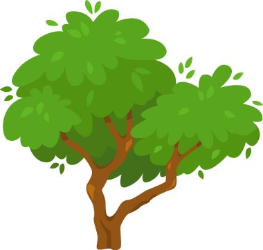 Canlı yeşil yaprakları ve dayanıklı kahverengi gövdesi olan çizgi film ağacı, çocukların çizimleri veya doğa temalı projeleri için mükemmel, tuhaf ve davetkar bir doğal element yaratır.