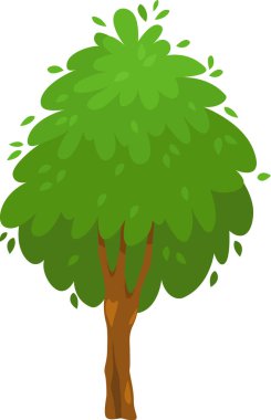 Yemyeşil yaprak ve kahverengi gövdeli çizgi film ağacı, temiz beyaz bir arkaplan karşısında canlı ve kaprisli bir illüstrasyon yaratıyor, doğa temalı tasarımlar için mükemmel.