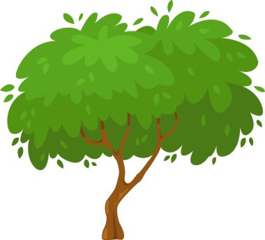 Karikatür ağacı kalın kahverengi bir gövde ve geniş, yemyeşil bir taç, yapraklar nazikçe dökülüyor, doğanın garip ve canlı bir temsilini oluşturuyor.