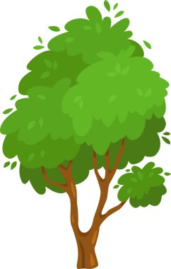 Güçlü kahverengi gövdeli canlı yeşil bir ağacın karikatür çizimi. Yapraklar nazikçe düşüyor ve sükunet ve güzellikle dolu sakin, doğal bir sahne yaratıyor.