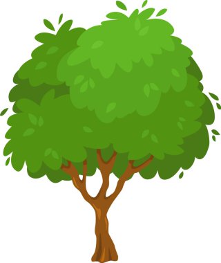 Kalın kahverengi bir gövde ve geniş, yuvarlak yeşil yapraklardan oluşan bir taç içeren çizgi film ağacı doğanın güzelliğinin ve canlılığının neşeli ve canlı bir tasvirini oluşturuyor.