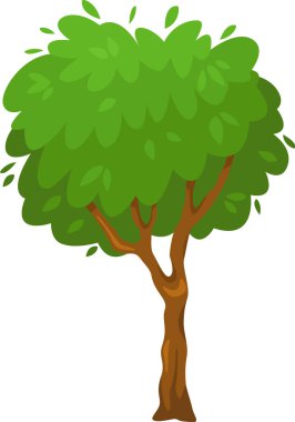 Yeşillik yeşillik ve sağlam kahverengi bir gövdeye sahip çizgi film ağacı, temiz beyaz bir arkaplan üzerine canlı ve kaprisli bir illüstrasyon yaratıyor, çeşitli tasarım projeleri için mükemmel.