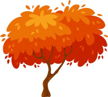 Lush cartoon tree with vibrant orange and red leaves gently swaying in the breeze, displaying the stunning beauty of autumn foliage in a colorful and whimsical way
