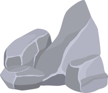 Çeşitli şekil ve boyutlarda dört gri kaya bir araya gelerek temiz beyaz bir zemin üzerinde doğal bir kaya oluşumu oluşturur ve kayaların sert dokusunu ve katı varlığını vurgular.