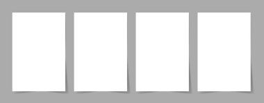 Boş bir A4 kâğıdı. Gerçekçi duvar gölgeleri ile beyaz, boş dikdörtgen sayfalar. Poster ve resim modeli, not kağıdı, harf şablonu. Vektör izole edildi.