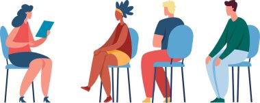 İş kadını, iş görüşmesinde veya psikoterapi oturumunda minimalist grafik tarzda izleyicilere pano tuttuğunu anlatıyor