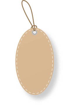 Boş oval karton fiyat etiketi beyaz arka planda iple asılı, kişiselleştirmeye hazır ve perakende veya çevrimiçi dükkanlar için mükemmel