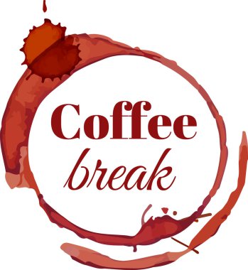 Kahve molası tabelasında kahve lekesi ve su sıçratma, iş gününde dinlendirici bir içecek ve enerji artışı için hak edilmiş bir duraklamayı simgeliyor.