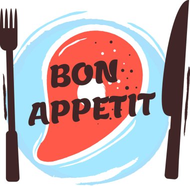 Tabakta duran somon bifteği, yanına çatal ve bıçak. Afiyet olsun. Lezzetli yemeği sembolize ediyor.