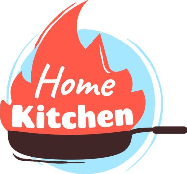 Ev mutfağı logosu, tavada dans eden stilize bir ateş içeriyor, ev yemeklerinin sıcaklığını, aşçılık yaratıcılığını ve lezzetli yemekleri simgeliyor.