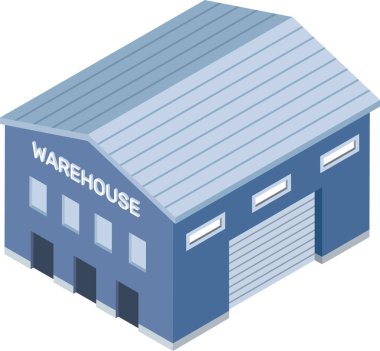 Modern bir tasarımda depolama, lojistik, sanayi, dağıtım ve ticaret kavramlarını gösteren, bir yükleme iskelesi ve metal çatılı Isometric mavi depo binası
