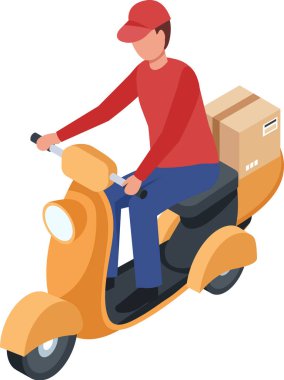 Kırmızı tişörtlü ve şapkalı bir teslimatçı sarı scooter kullanıyor. Karton paket, hızlı nakliye ve ulaşım konsepti getiriyor.