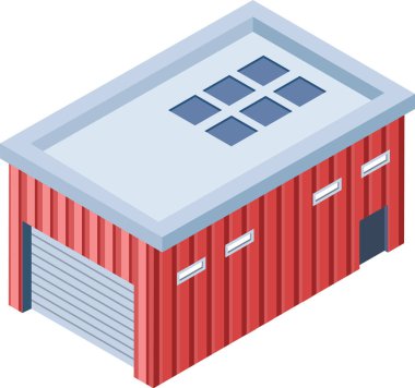 Isometric vektör illüstrasyonu, kapalı kapaklı ve çatısı sanayi ve mimari projeler için ideal çatı pencereli kırmızı bir depo binasını temsil ediyor.