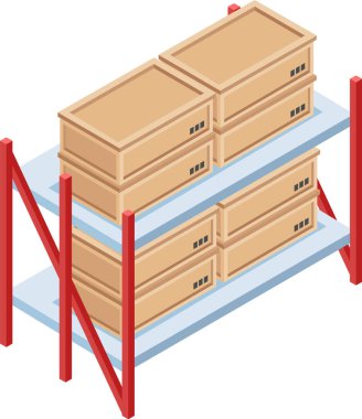 Depo ortamında depolama, lojistik ve nakliyeyi sembolize eden, organize envanter yönetimini güvence altına alan karton kutuların olduğu metal raflar.