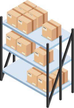 Nakliye ve teslimat için, lojistik, envanter yönetimi ve siparişleri temsil eden muhtelif mukavva kutuların depolandığı metal depo rafları.